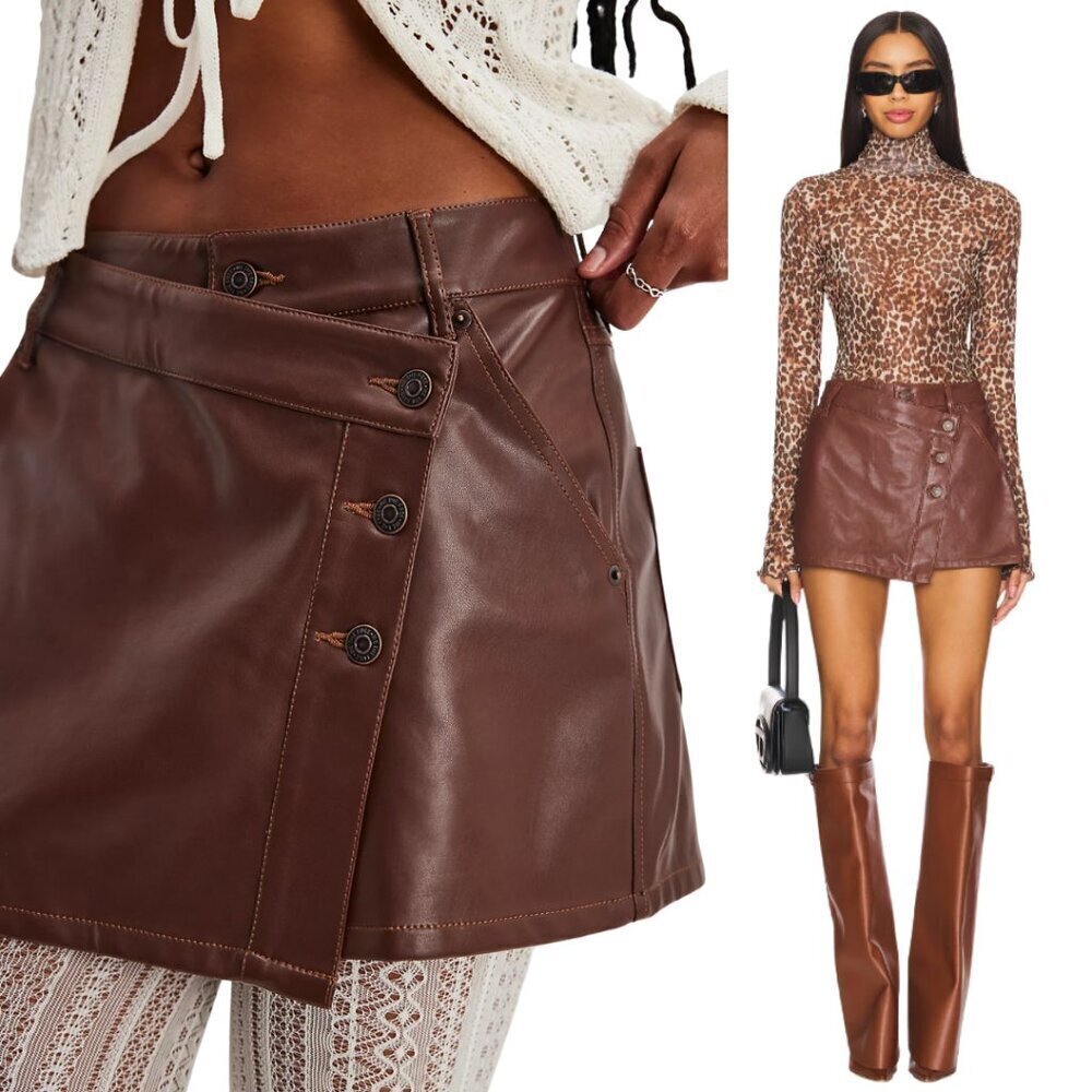 We The Free Free People Wynne Faux Leather Mini Skirt Women's 31 Brown Vegan NWT